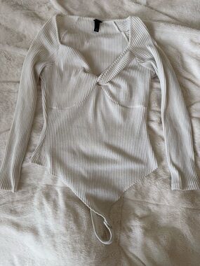 wild fable Ivory Ribbed Twist-Front Long Sleeve Bodysuit